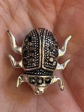 Vintage Beetle Bug Brooch Silver Tone Marcasite Style Figural Pin